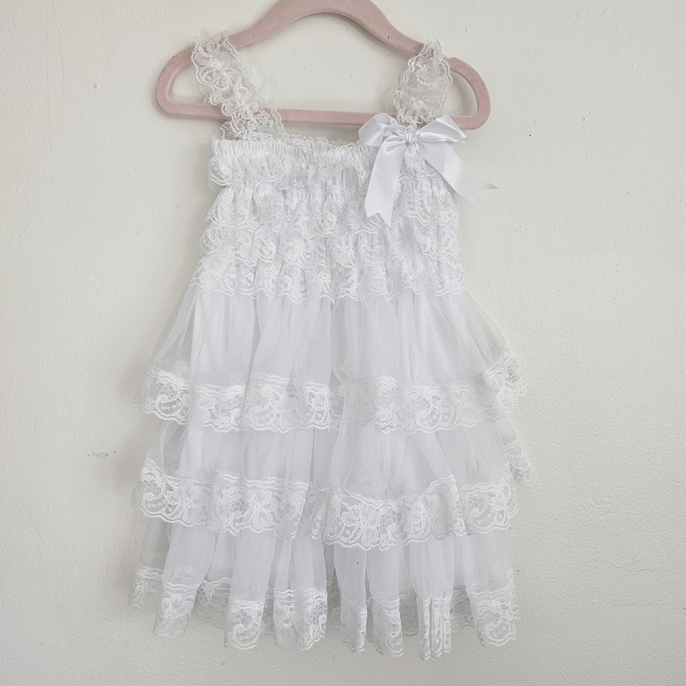 White Lace Ruffle Dress with Bow